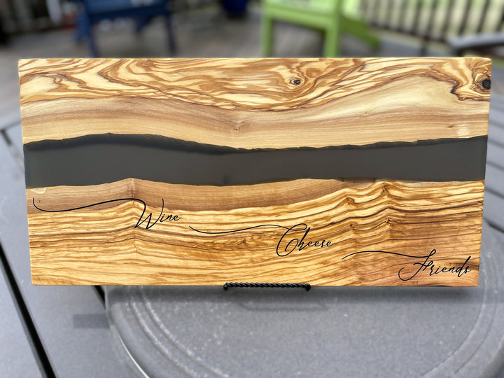 "Wine Cheese Friends" River of Resin Olive Wood Charcuterie Board - D46