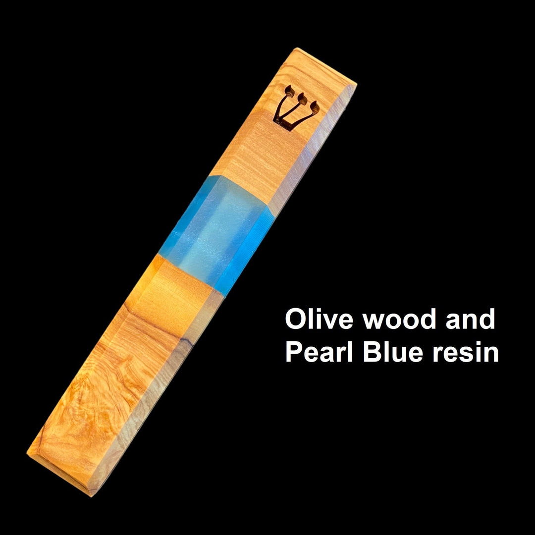 Engraved Handmade Olive Wood and Pearl Blue Resin Mezuzah on black background