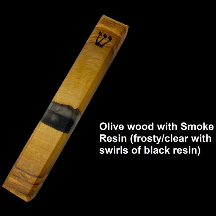 Engraved handmade Olive wood and smoke Resin Mezuzah.  Smoke is frosty/clear with swirls of black resin.