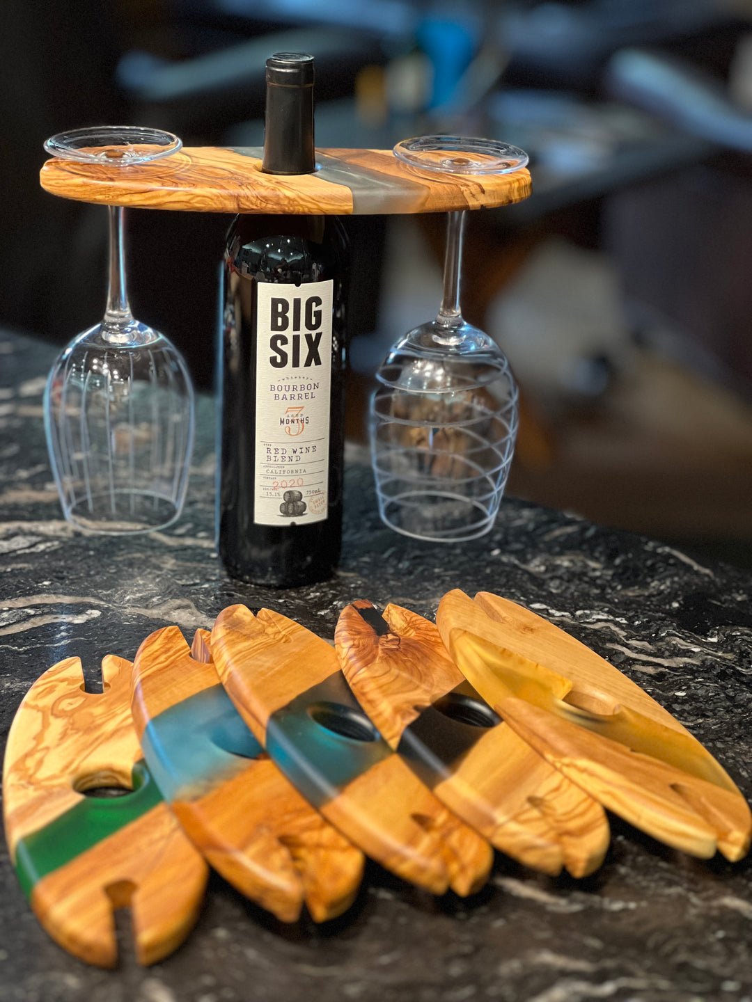 Olive Wood and Resin Wine Glass Caddy