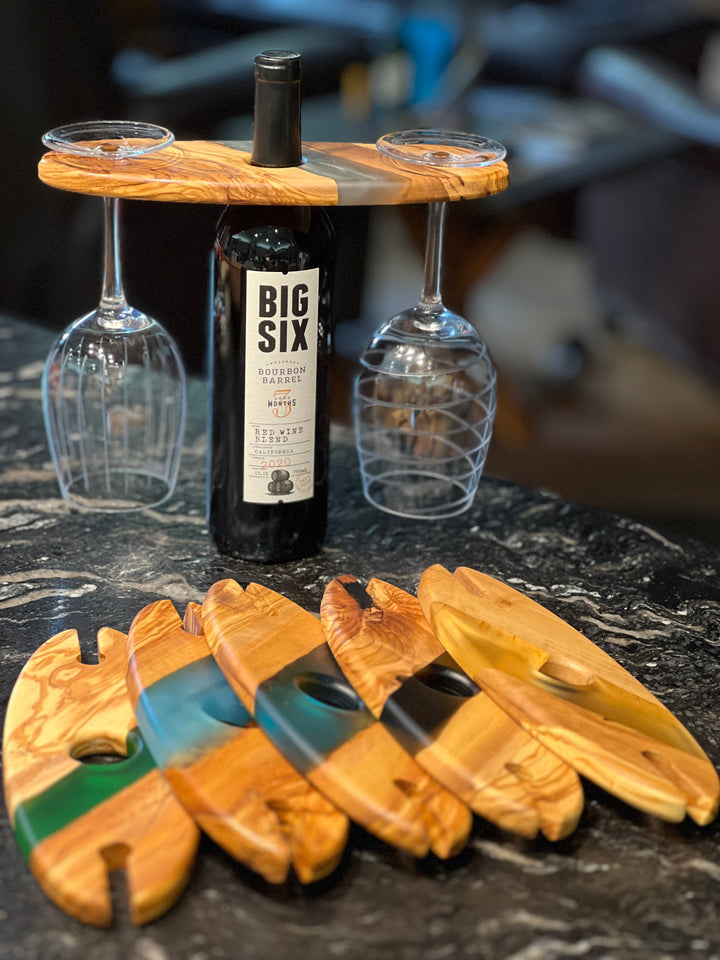 Olive Wood and Resin Wine Glass Caddy
