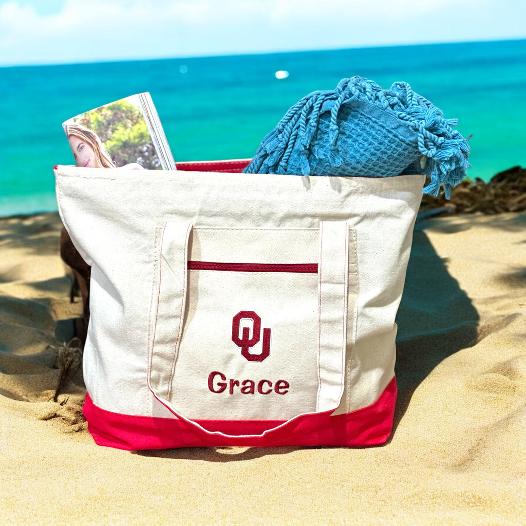 University of Oklahoma Personalized Custom Embroidered 19L Canvas Tote Bag with Zipper Closure