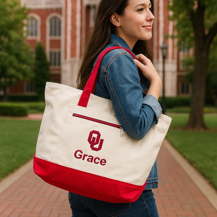 University of Oklahoma Personalized Custom Embroidered 19L Canvas Tote Bag with Zipper Closure