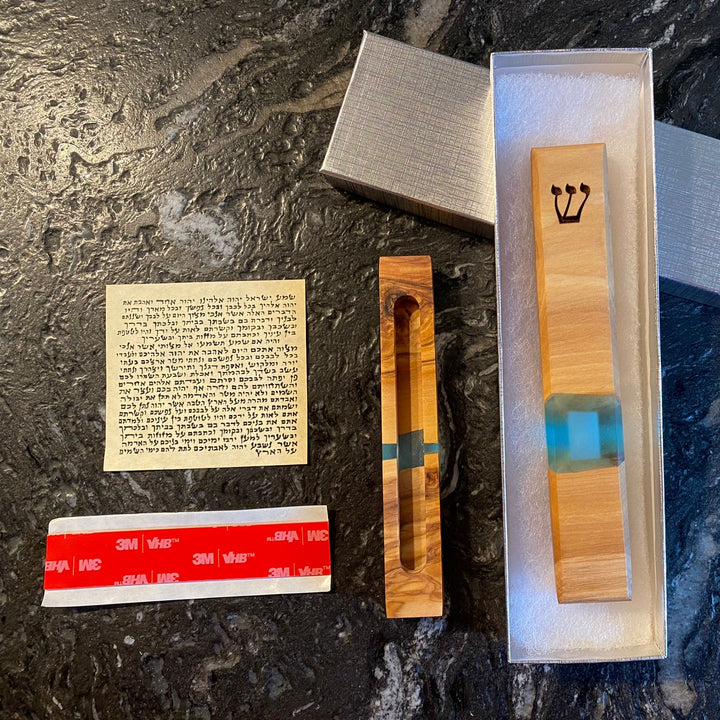 Olive Wood Mezuzah in Gift Box and Scroll and tape for adhering to doorframe