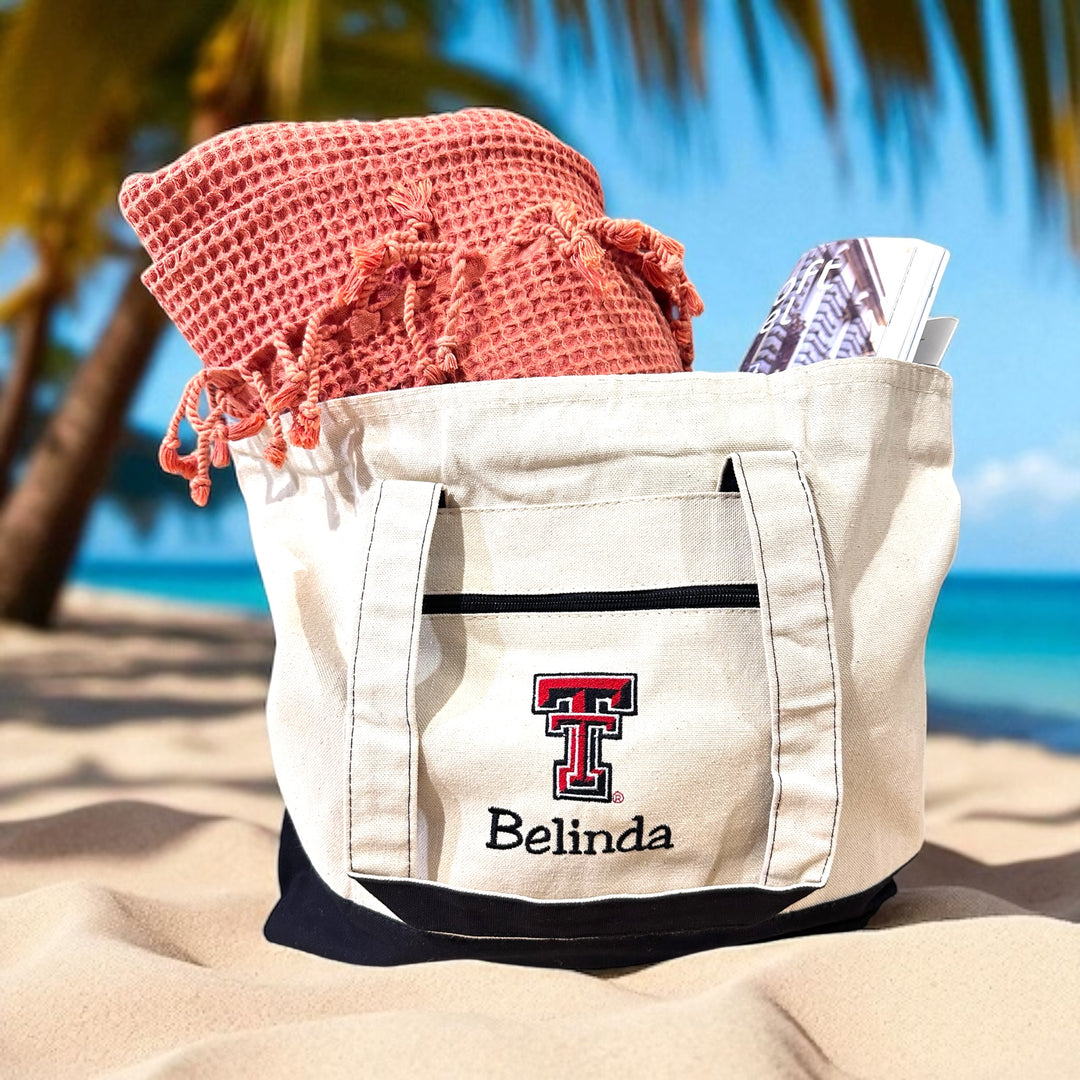 Texas Tech Personalized Custom Embroidered 19L Canvas Tote Bag with Zipper Closure