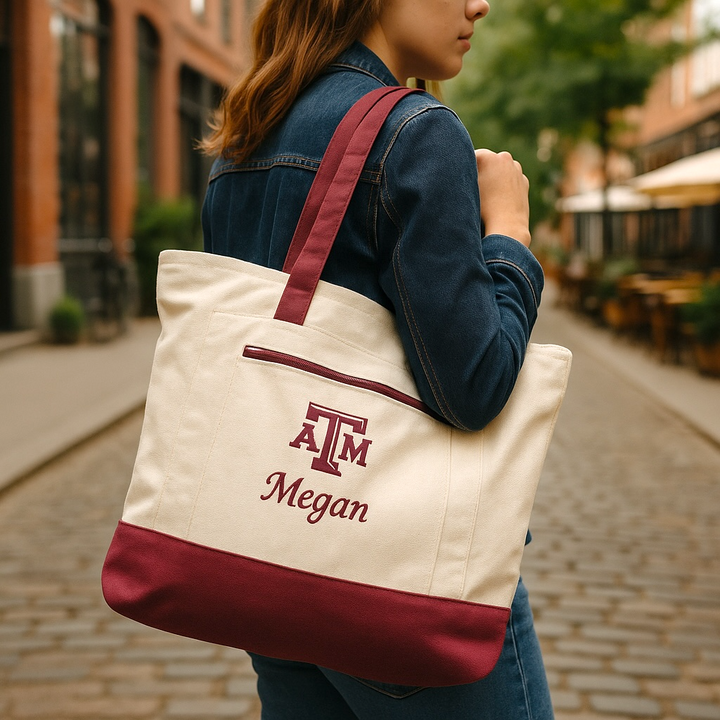 Texas A&M Personalized Custom Embroidered 19L Canvas Tote Bag with Zipper Closure