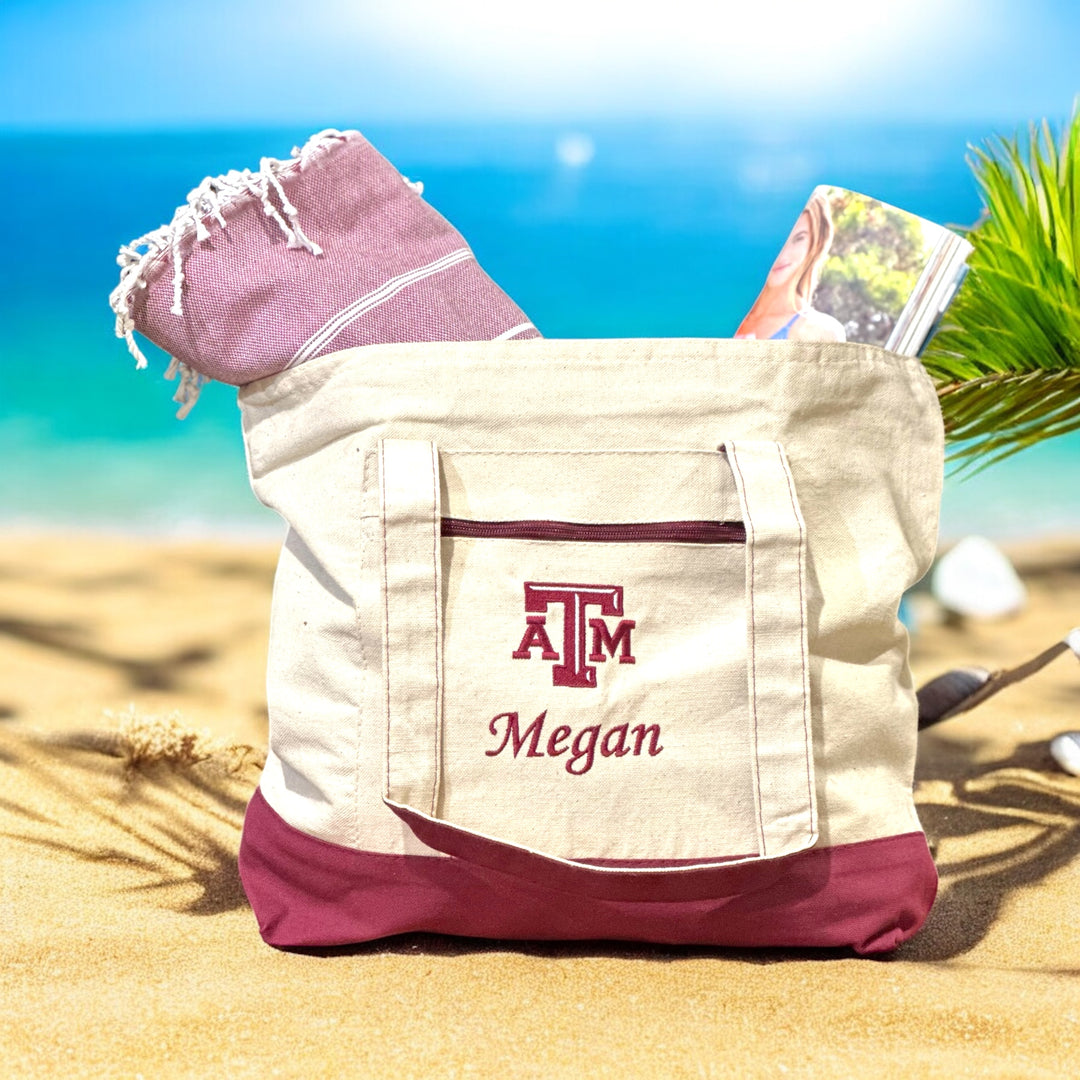 Texas A&M Personalized Custom Embroidered 19L Canvas Tote Bag with Zipper Closure