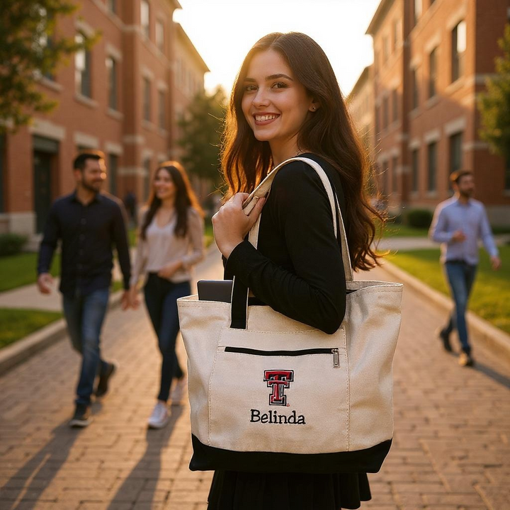 Texas Tech Personalized Custom Embroidered 19L Canvas Tote Bag with Zipper Closure