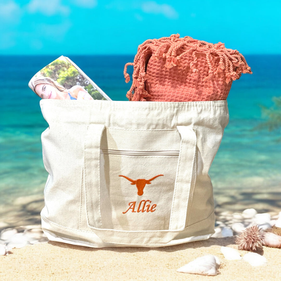 University of Texas Personalized Custom Embroidered 19L Canvas Tote Bag with Zipper Closure