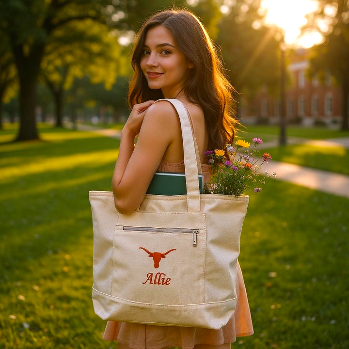 University of Texas Personalized Custom Embroidered 19L Canvas Tote Bag with Zipper Closure