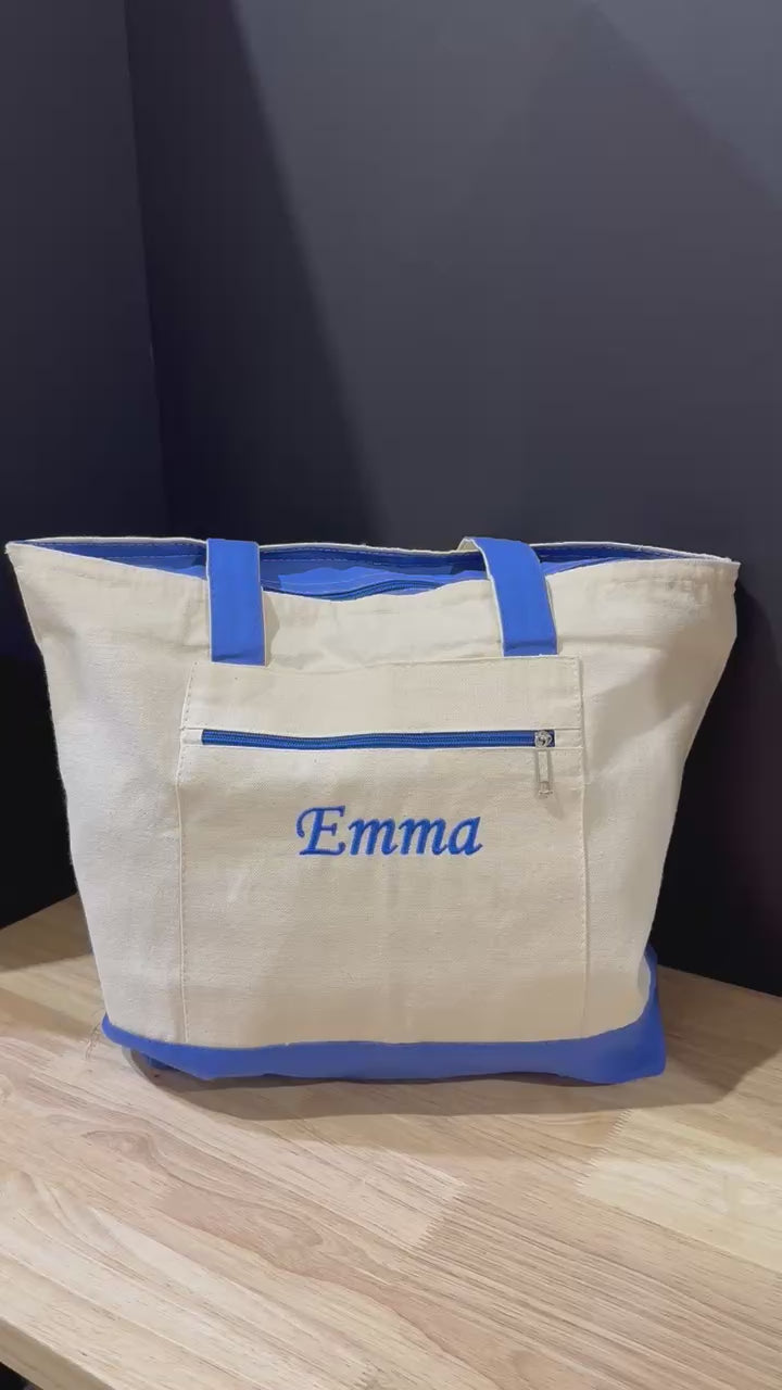 Personalized Custom Embroidered 19L Canvas Tote Bag with Zipper Closure