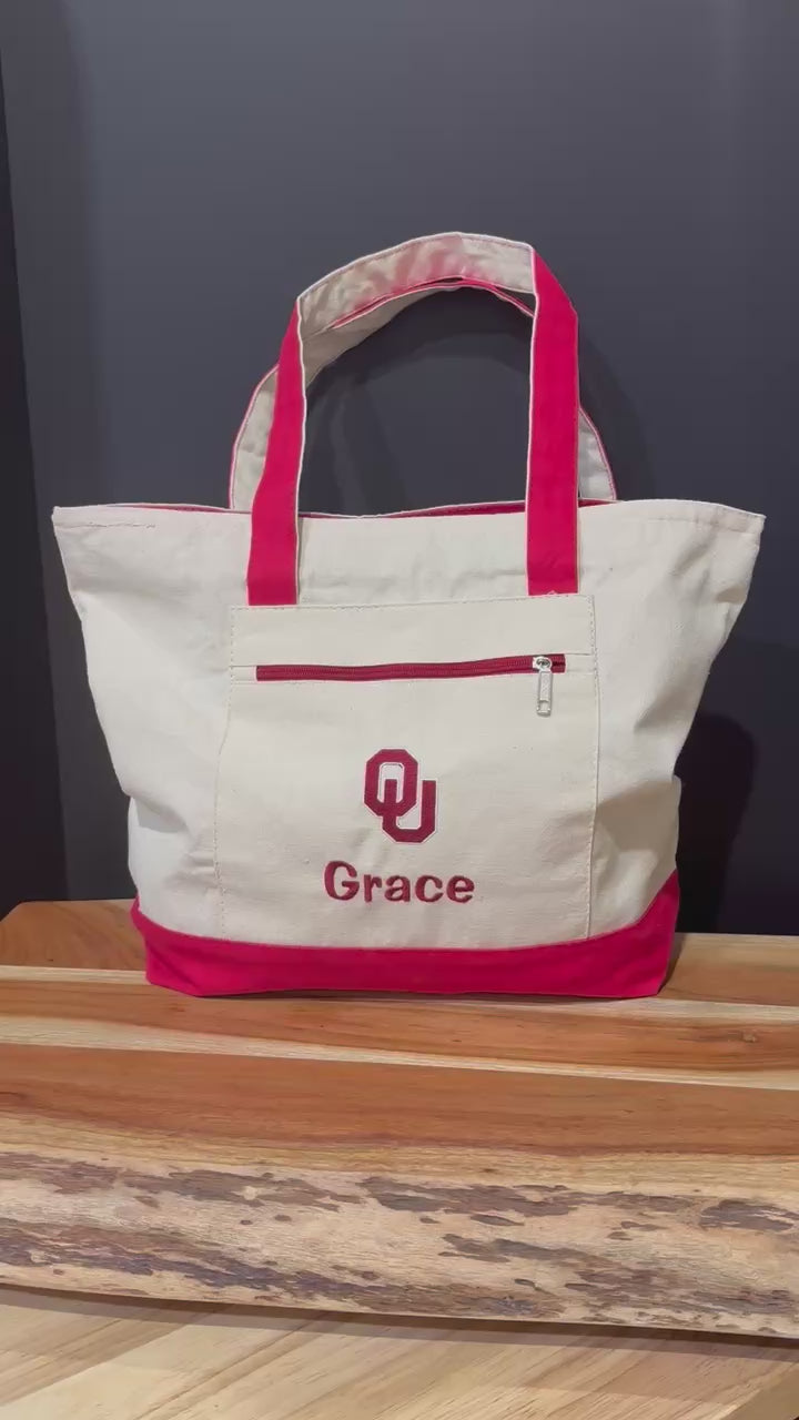 University of Oklahoma Personalized Custom Embroidered 19L Canvas Tote Bag with Zipper Closure