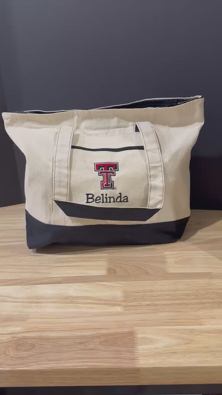 Texas Tech Personalized Custom Embroidered 19L Canvas Tote Bag with Zipper Closure
