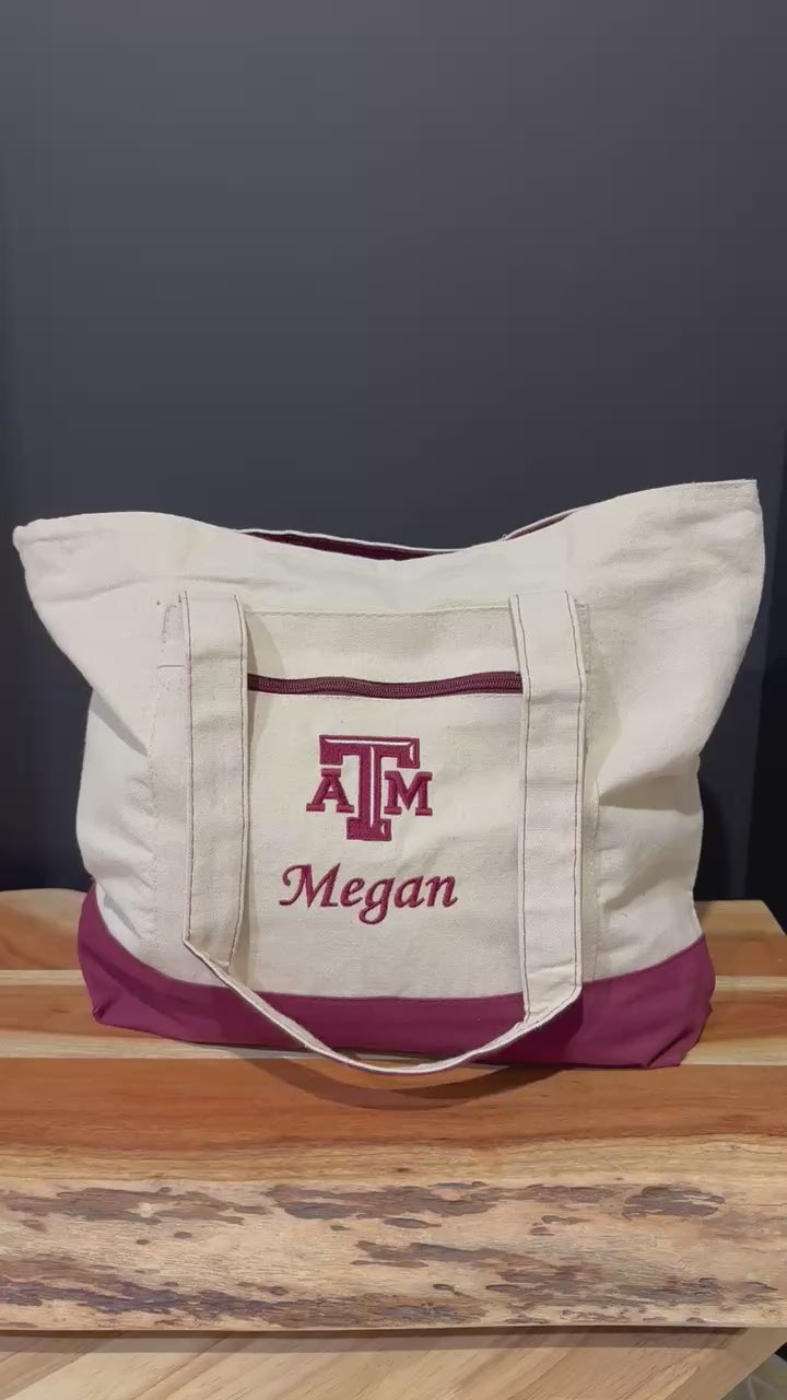 Texas A&M Personalized Custom Embroidered 19L Canvas Tote Bag with Zipper Closure