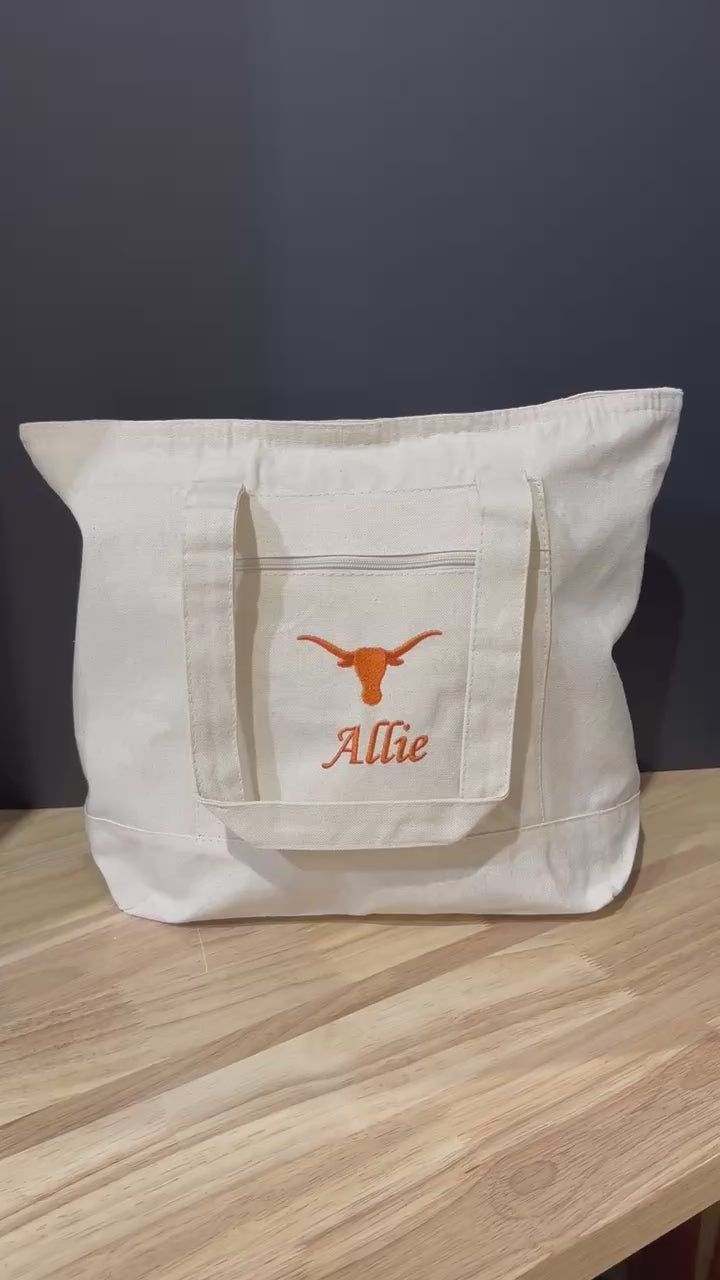 University of Texas Personalized Custom Embroidered 19L Canvas Tote Bag with Zipper Closure