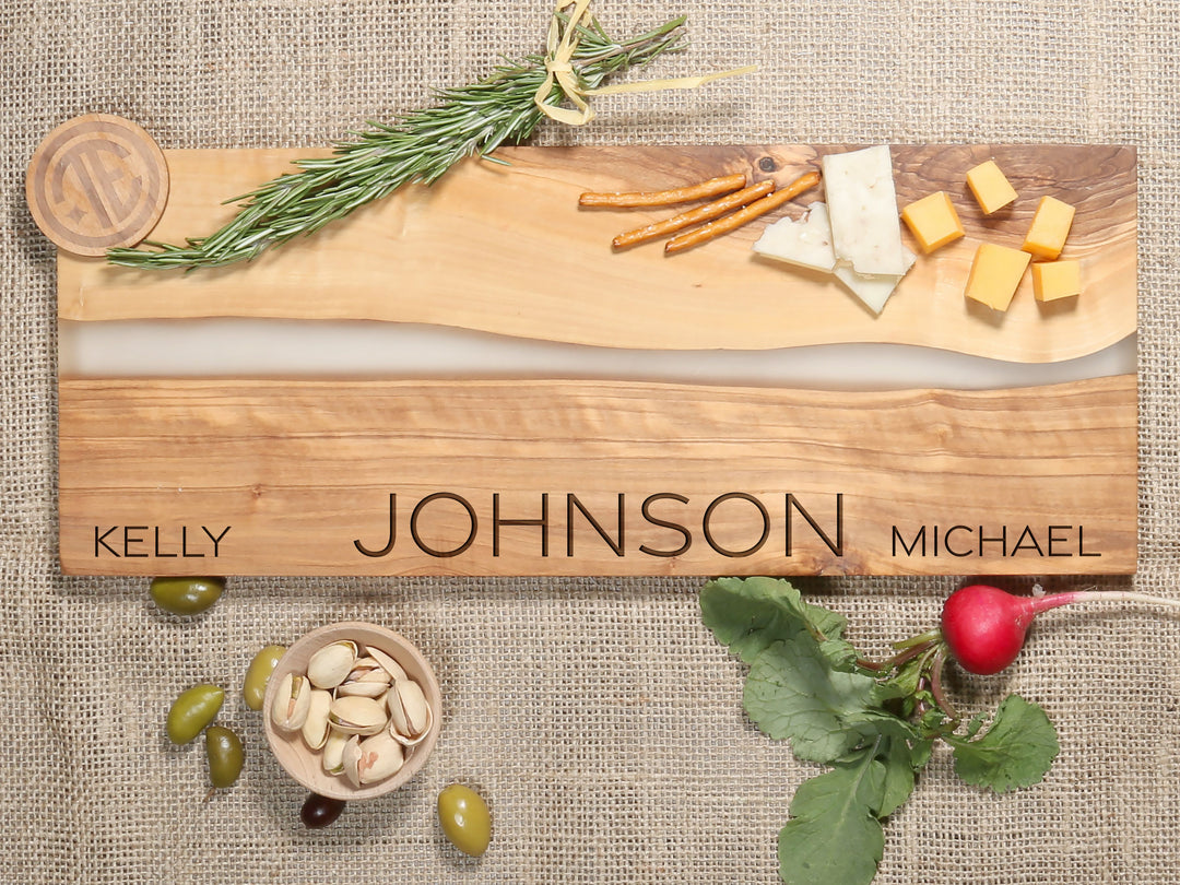 Couple and Family Name River of Resin Olive Wood Charcuterie Board - D36