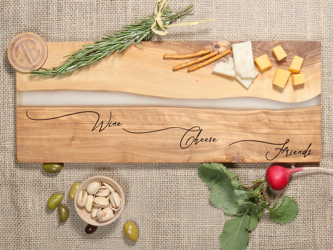 "Wine Cheese Friends" River of Resin Olive Wood Charcuterie Board - D46