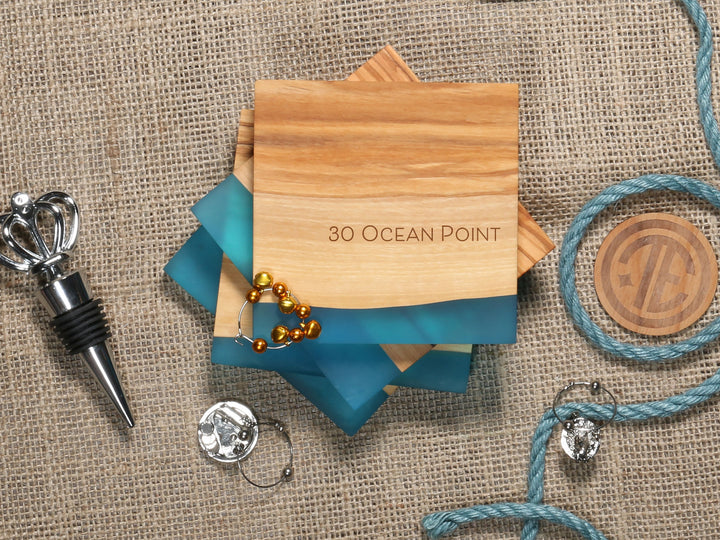 4-Inch Square "Shoreline" Resin and Olive Wood Coaster Set of 4