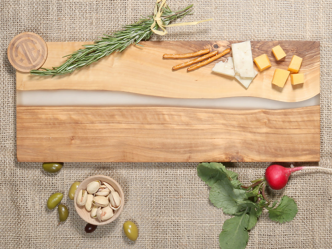Elegant Family Name River of Resin Olive Wood Charcuterie Board - D34