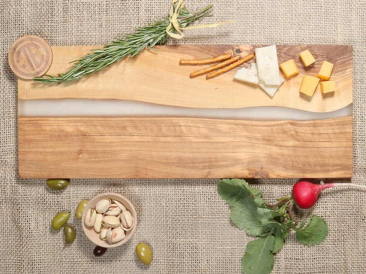 Elegant Family Name River of Resin Olive Wood Charcuterie Board - D34