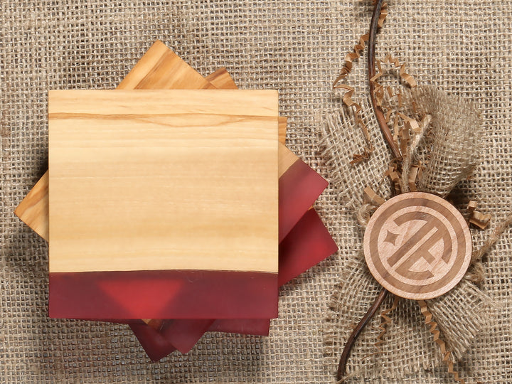 4-Inch Square "Shoreline" Resin and Olive Wood Coaster Set of 4
