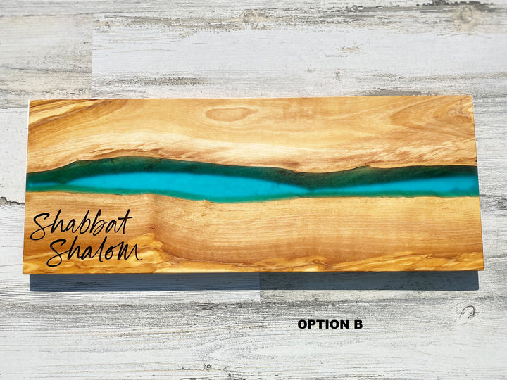 Shabbat Shalom Challah board, Jewish Wedding Engagement Gift, Olive Wood Charcuterie Board with Resin, Housewarming, Chanukah Hanukkah gift
