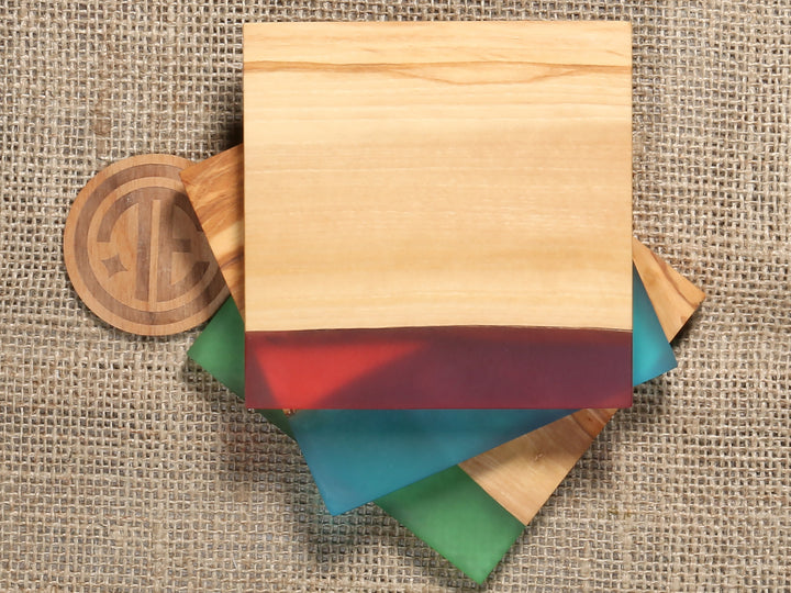 4-Inch Square "Shoreline" Resin and Olive Wood Coaster Set of 4