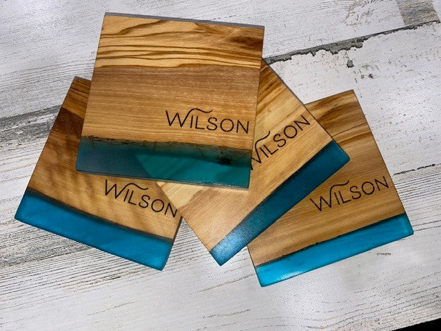 4-Inch Square "Shoreline" Resin and Olive Wood Coaster Set of 4