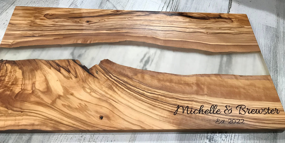 Personalized Engraved Olive Wood Charcuterie Board with Resin - D46