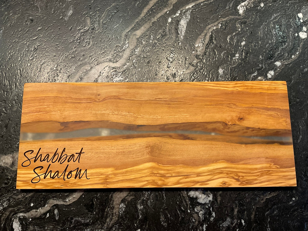 Shabbat Shalom Challah board, Jewish Wedding Engagement Gift, Olive Wood Charcuterie Board with Resin, Housewarming, Chanukah Hanukkah gift