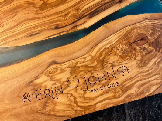 Couple and Special Date River of Resin Olive Wood Charcuterie Board