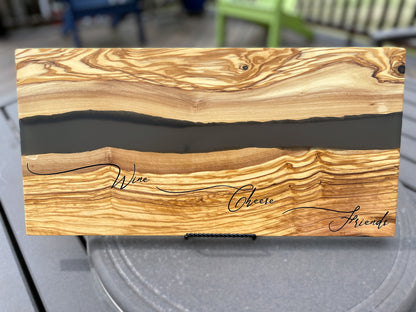 "Wine Cheese Friends" River of Resin Olive Wood Charcuterie Board - D46