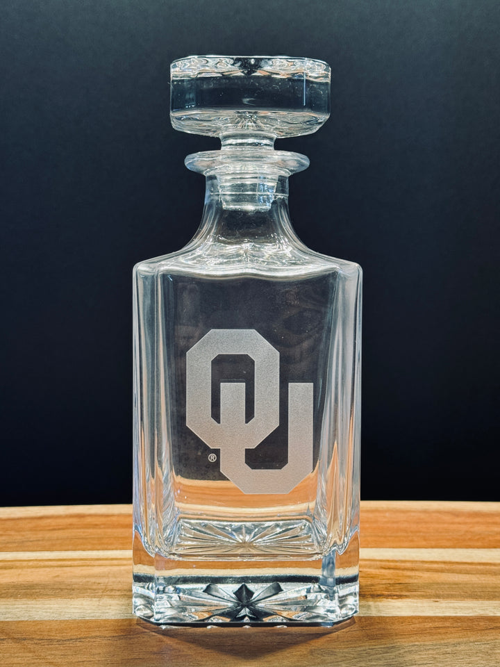 Engraved Sand Carved University of Oklahoma Decanter and Rocks Glass Sets