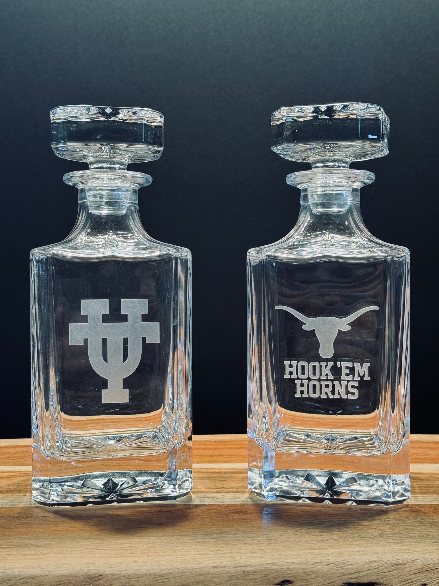 Engraved Sand Carved University of Texas Decanter and Rocks Glass Sets