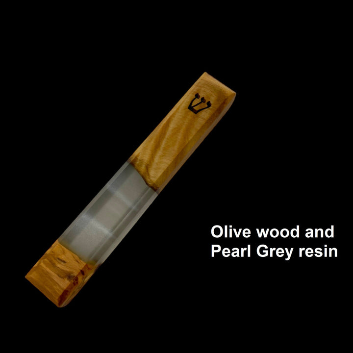 Engraved Handmade Olive wood and pearl grey resin mezuzah on black background