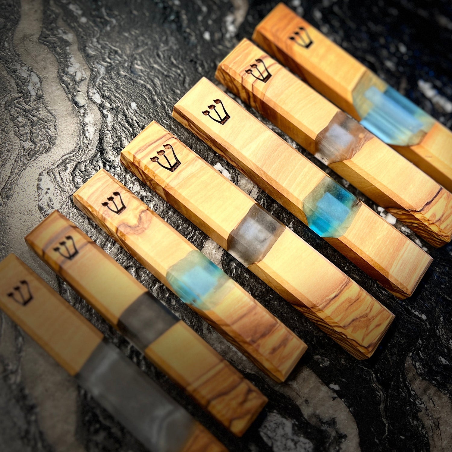 Handmade Engraved Olive Wood and Resin Mezuzahs, multiple colors