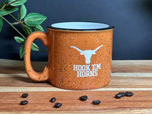 Load image into Gallery viewer, Personalized Sand Carved Deep Etched University of Texas Hook &#39;em Horns Camp Style Coffee Mug
