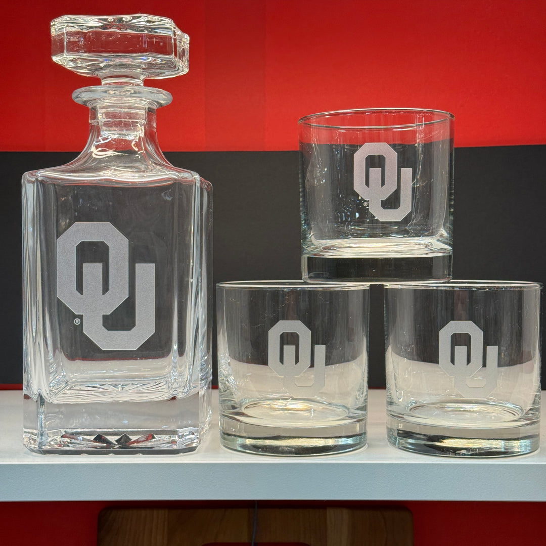 Engraved Sand Carved University of Oklahoma Decanter and Rocks Glass Sets