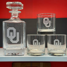 Load image into Gallery viewer, Engraved Sand Carved University of Oklahoma Decanter and Rocks Glass Sets
