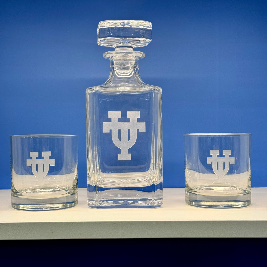 Engraved Sand Carved University of Texas Decanter and Rocks Glass Sets