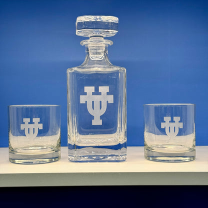 Engraved Sand Carved University of Texas Decanter and Rocks Glass Sets