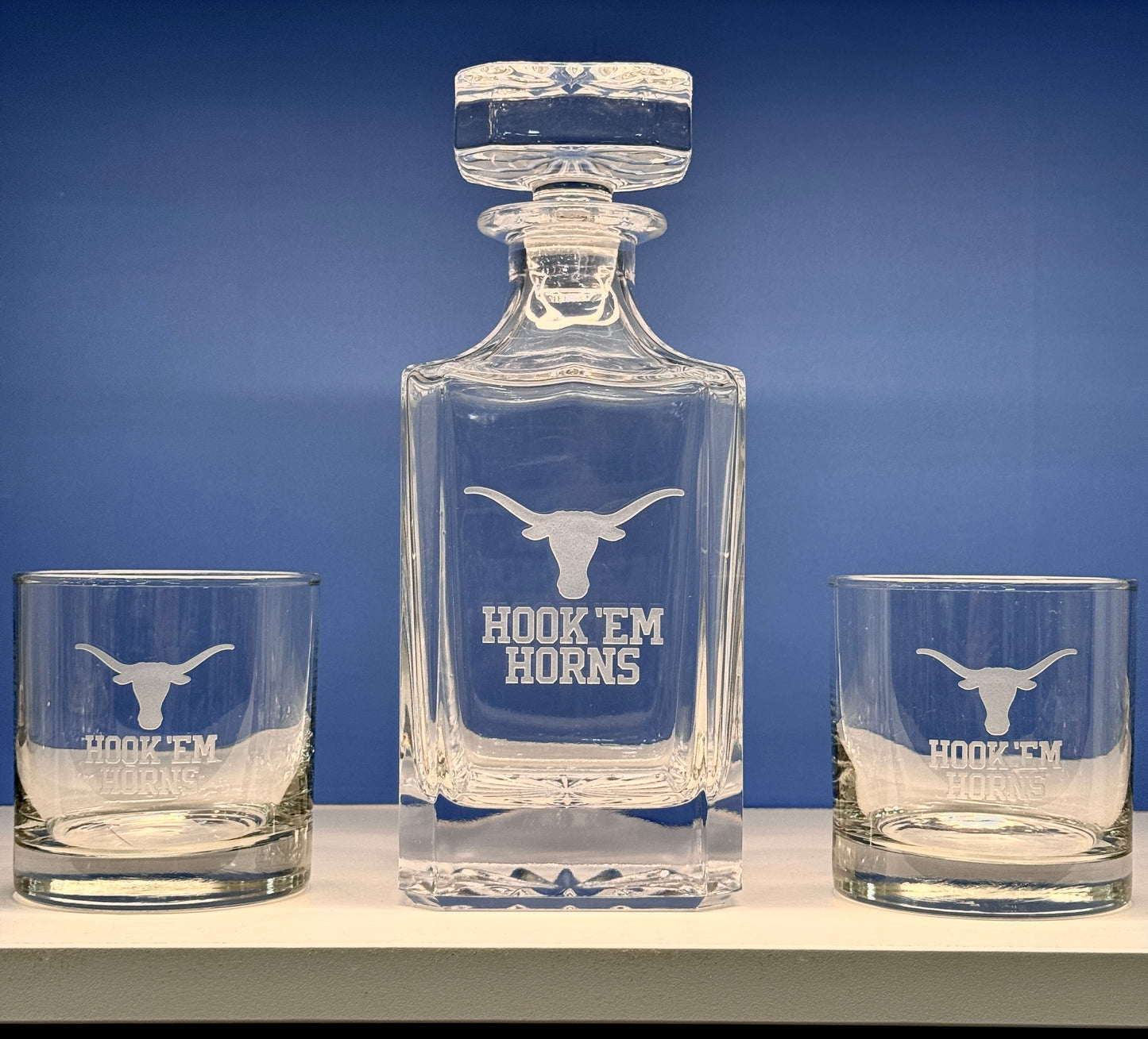 Engraved Sand Carved University of Texas Decanter and Rocks Glass Sets