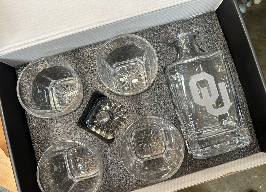 Engraved Sand Carved University of Oklahoma Decanter and Rocks Glass Sets