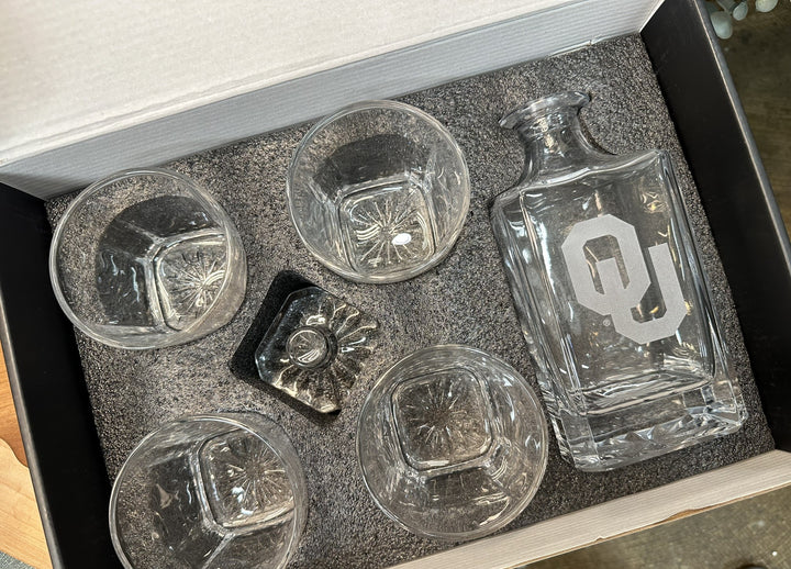 Engraved Sand Carved University of Oklahoma Decanter and Rocks Glass Sets