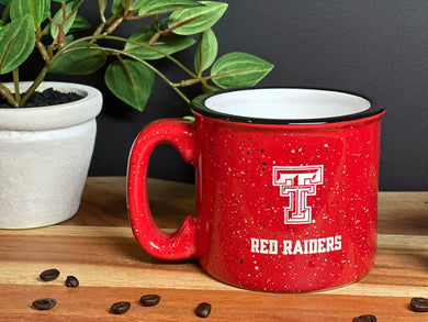 Texas Tech Red Raiders red and white camp style mug, with Tech logo and Red Raiders deep etched and sand carved into ceramic mug.