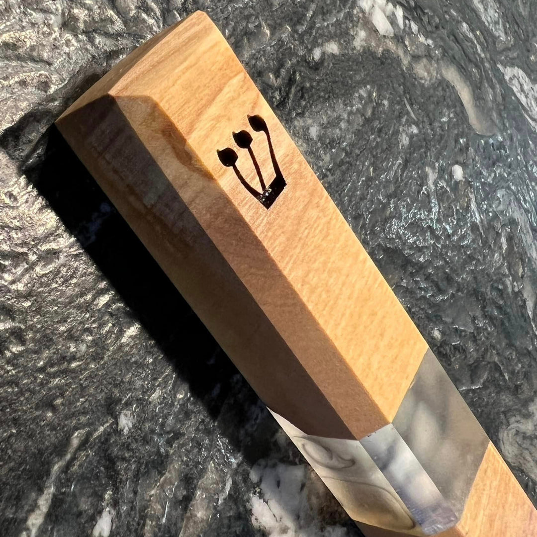 Side view and close up of Engraved Shin on Olive Wood and Smoke Resin Mezuzah
