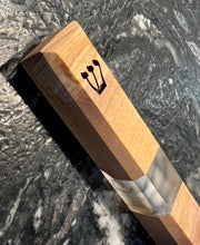 Load image into Gallery viewer, Side view and close up of Engraved Shin on Olive Wood and Smoke Resin Mezuzah
