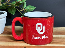 Load image into Gallery viewer, Personalized Sand Carved Deep Etched University of Oklahoma Sooner Mom Camp Style Coffee Mug
