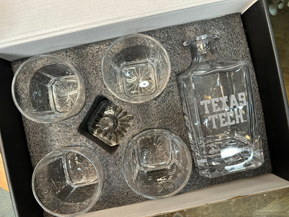 Engraved Sand Carved Texas Tech Decanter and Rocks Glass Sets
