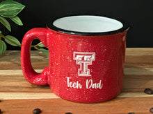 Load image into Gallery viewer, Red camp style mug with black and white specs, with Texas Tech logo and Tech Dad deep etched sand carved into ceramic mug
